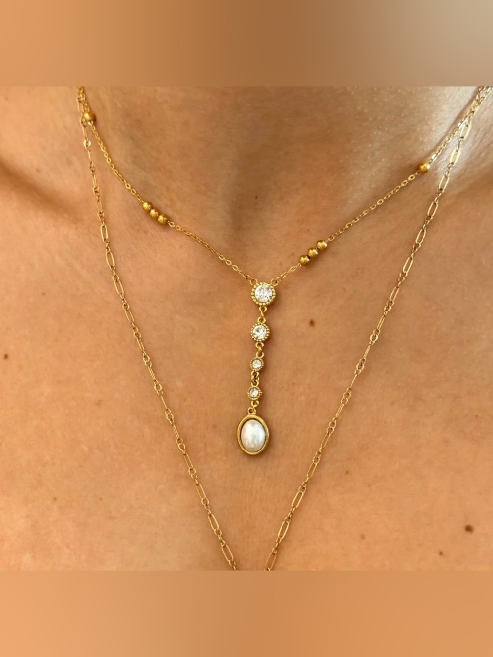 New Pearl Lariat Necklace 18K Gold Plated Stainless Steel Adjustable